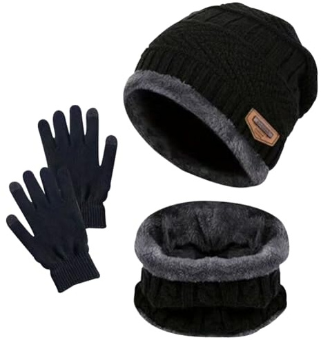 3 PCS Noir Ensemble Bonnet Écharpe Gant Ensemble, Bonnet en Tricot à Doublure Polaire Chaude Cercle D'écharpe Thermique avec Gants à Écran Tactile (Noir)