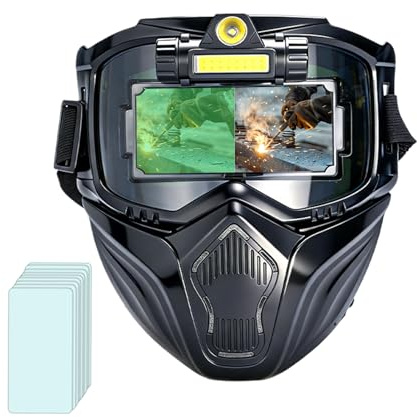 Djowyh Casco da Saldatura ad Oscuramento Automatico,Protettore Saldatura 3 Illuminazioni Regolabili - Caschetto Saldatore A Doppio Strato - Per Industria Costruzione Officina Metalli