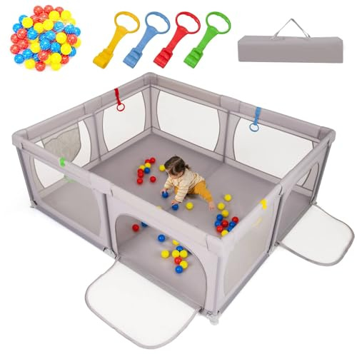 GYMAX Baby Playpen, 186 x 156 cm Toddler Fence with 50 Ocean Balls, 4 Pull Rings, Breathable Mesh, Storage Pocket and Carry Bag, Indoor Outdoor Infant Play Center Yard (Light Grey)