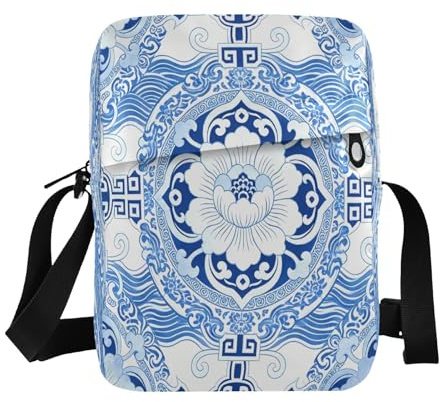 decor gift Bonita bolsa de mensajero estilo chino ondulado peonía azul bolsa de hombro para mujer correa ajustable para el trabajo bolsas para mujer