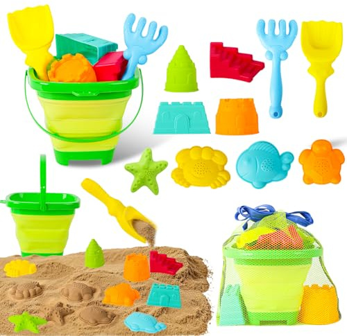 Beach Sand Toys for Kids,12 PCS Collapsible Beach Toys Set and Spade Set with Mesh Bag,Castle&Aninal Moulds ,Travel Beach Essentials for Children,Gardening Beach Outdoor Toys for Boys Girls (Green)