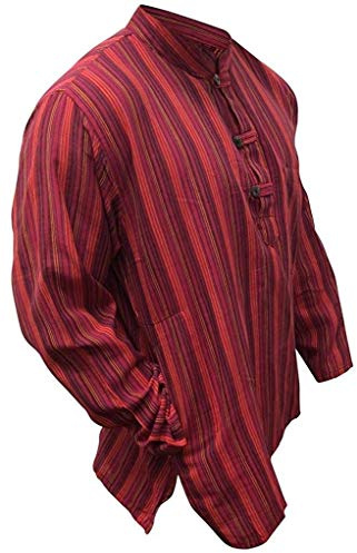Shopoholic Fashion Mens Striped Grandad Shirt (3XL,Maroon)