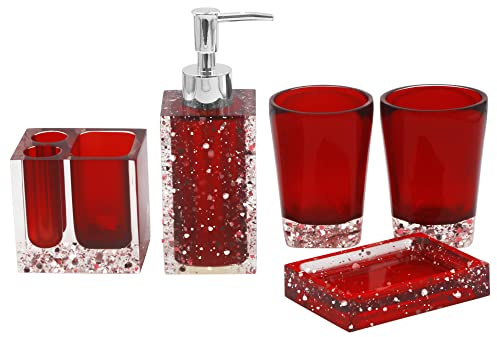 Generic - Set di 5 accessori da bagno in resina con portasapone, dispenser, portaspazzolino e bicchiere, colore: rosso