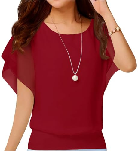 Neineiwu Ladies Summer Casual Loose Fit Short Sleeve Bat Batwing T-Shirt Shirt Chiffon Top Blouse (Red,X-Large)
