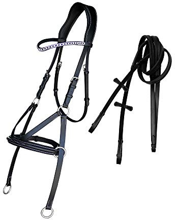 Exion Fancy Square Raised Bitless Leather Bridle with Crystal Diamond Brow Band and Stainless Steel Buckles | Equestrian Show Jumping Padded Bridle| English Horse Riding Premium Tack (Black, Full)