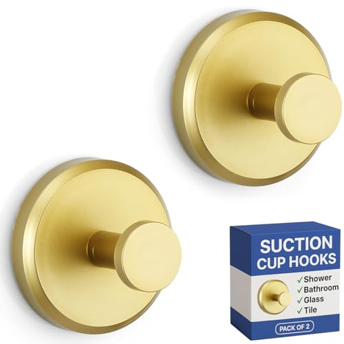 HOME SO Suction Cup Hooks for Shower & Bathroom Towel Holder 2-Pack – Suction Cups Hooks for Hanging Towels, Robes, & Coats - Tiles, Glass Door or Mirror – Shower Hooks & Towel Hooks Organizer - Gold