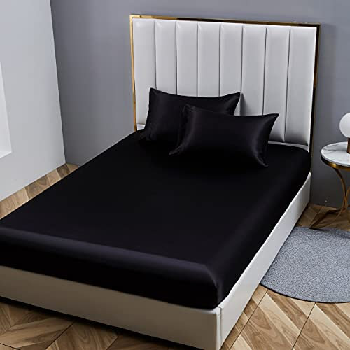 Damier Spannbettlaken 140x200cm Schwarz Satin Seide Glänzend Bettlaken Hochwertiges Deluxe Unifarben Spannbetttuch, geeignet für Matratzen bis 30cm