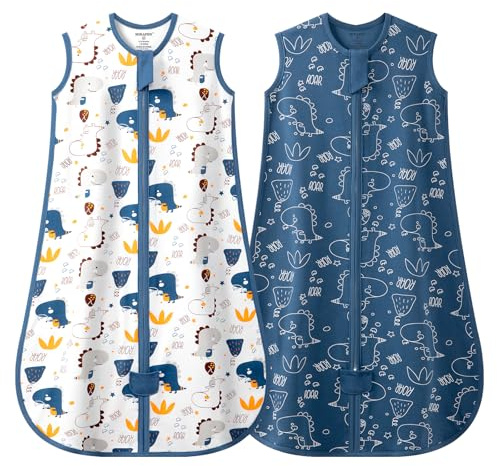 MIKAFEN 2pc Baby Sleeping Bag Spring and Summer 0.5Tog,Cotton Sleeveless Baby Sleep Sack/Baby Swaddle,Dinosaur&DarkBlue 14-24months