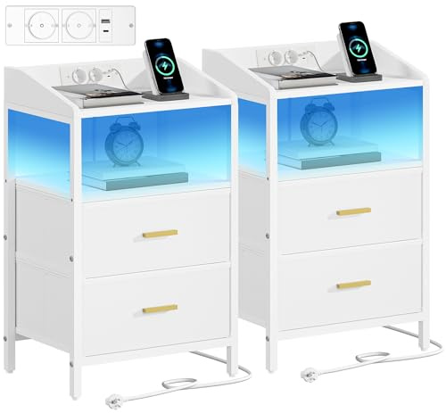 Hzuaneri Table de Chevet Lot de 2, avec Éclairage LED, Table de Nuit avec 2 Tiroirs de Rangement en Tissu, Tables d'appoint avec Ports USB et 2 Prises CA, pour Chambre, Blanc NS36213W