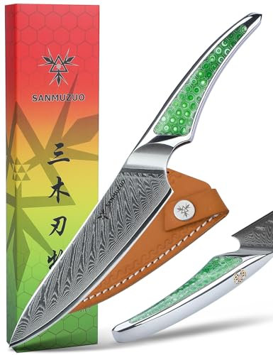 SANMUZUO Coltello Multiuso da 13CM, coltello da cucina in acciaio damasco giapponese VG-10, coltello da frutta ultra affilato con impugnatura a codolo intero in resina verde, serie LA-S9