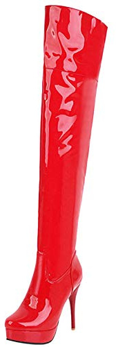 MJIASIAWA Femmes Bout Rond Mode Cuissarde Cuir Verni Boots Aiguille Talons Hauts Hiver Soirée Prom Mens Botte Hautes Rouge Taille 42 EU/44 Asiatique
