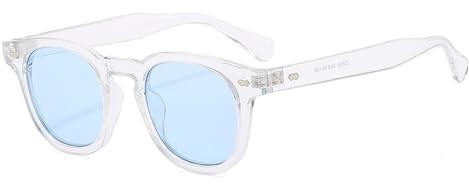 Long Keeper Gafas de Sol Redondas Vintage para Hombre Mujer Clásicas Retro Gafas Redondas Pequeñas Vintage Unisex Lente UV400 Protección, 44mm (Montura Transparente - Lente Azul)