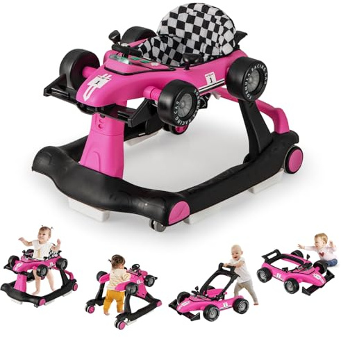 GOPLUS 4-i-1 baby gåstol, rullvagn justerbar höjd med ljus och musik, baby walker, bilformad med justerbar hastighet, promenadfri för barn från 6 månader (het rosa)