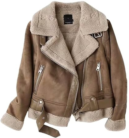 Veste En Cuir Suédé Sherpa pour Femme Veste Aviateur D'Hiver En Polaire Chaude Manteau Doublé Sherpa pour Motard Manteau En Cuir Aviateur D'Hiver À Col En Fourrure Coupe-Vent 01 Marron Foncé S