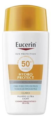 Eucerin Sun Face Hydro Protect Ultra-Light Fluid FPS50+ con tono claro (50 ml), crema facial solar con filtros UVA/UVB, protección solar 50+ en fluido extraligero, crema de sol color