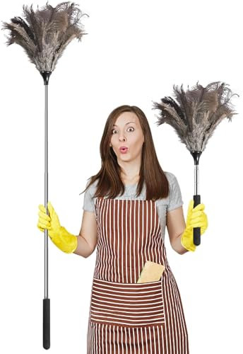 Plumero Atrapapolvo Avestruz Extensible, Extensibles con Mango de Acero Inoxidable, Atrapapolvo, Plumero Plumas de Avestruz, Ajustables de 46 a 116 cm, Antiestático, Lavable