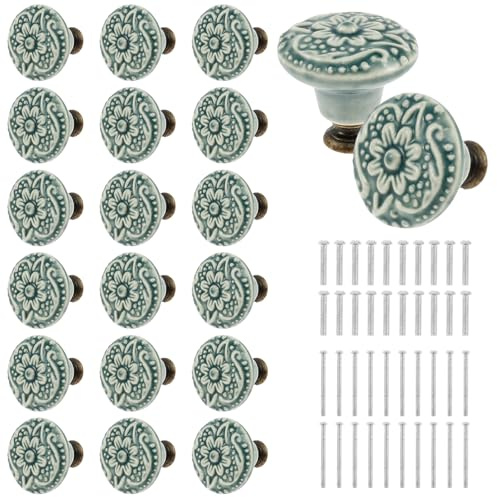 Alongen Lot de 20 boutons en céramique vintage pour tiroirs, décoratifs avec vis, multi-usages, pour portes et tiroirs, pour l'écriture (vert)