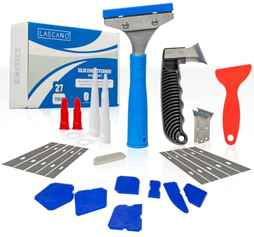Lascano Kit de 27 outils pour retirer le silicone – Comprend un grattoir spécial, un couteau à joints, une spatule à joints, des lames de rechange et des accessoires