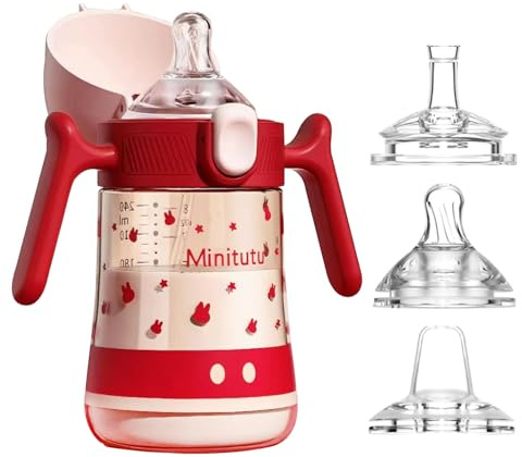 Qshare Schnabeltasse für Babys ab 6 Monaten, Trinkflaschen für Kleinkinder, Trinkflaschen mit Griffen für Babys von 6 bis 12 Monaten (eine Flasche mit 3 Nippeln), Rot