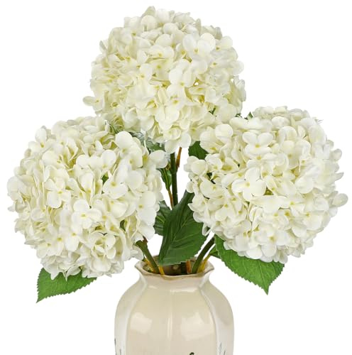 Briful Künstliche Hortensien Real Touch, 70 cm Lange Stiele, 3er Set Kunstblumen Wie Echt, Große Dekoblumen für Vase, Wohnzimmer, Hochzeit & Dekoration, Weiß