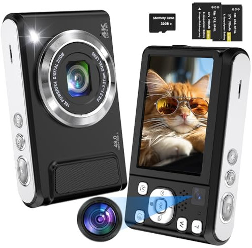 Fotocamera Digitale,Bofypoo 4K Autofocus Macchina Fotografica con scheda di memoria da 32 GB,Doppia Fotocamera anteriore e posteriore,Digital Camera da 48 MP(Nera)