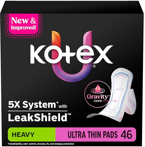 Kotex Ultra Thin Pads with Wings, Heavy Absorbency, 46 Count (Packaging May Vary)