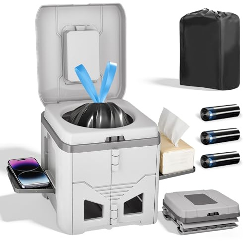 Portable Camping Toilet,Foldable Toilet for Adults with 3 Rolls Drawstring Trash Bags,Travel Toilet with Paper and Phone Holder,Emergency Toilet,Waterproof,Lightweight,Easy-Clean,for Fishing,Camping