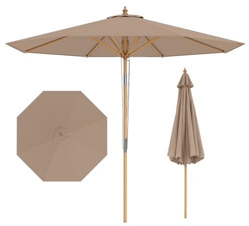 COSTWAY Sonnenschirm 270 cm, Gartenschirm aus Holz, beidseitig um 30° knickbar, Balkonschirm, Terrassenschirm, Sonnenschutz, Marktschirm für Garten, Balkon, Terrasse (Khaki Tan)