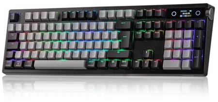EPOMAKER TH108 PRO ISO-DE mekaniskt tangentbord i full storlek, skärm och knapp, QWERTZ DE-layout, anpassad drivrutin, krämig tätning, hot-swappable, trådlöst RGB-speltangentbord (svart)