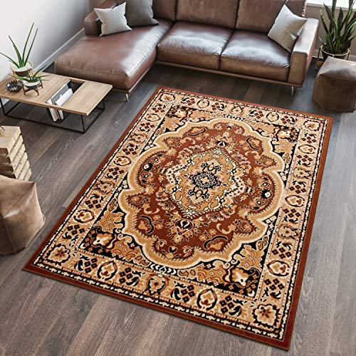 TAPISO Atlas Teppich Kurzflor Braun Hellbraun Beige Klassisch Orientteppich Floral Ornament Bordüre Vintage Wohnzimmer Schlafzimmer ÖKOTEX 130 x 190 cm