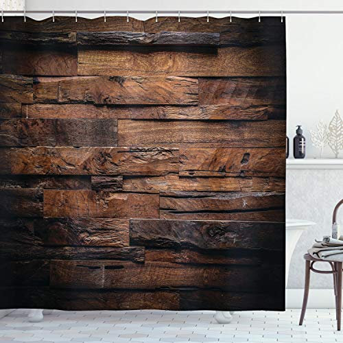ABAKUHAUS Schokolade Duschvorhang, Grobes Dunkles Holz, mit 12 Ringe Set Stielvoll Modern Farbfest und Schimmel Resistent, 175x240 cm, Dunkelbraun