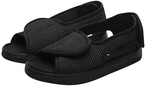 Chaussures Pour Femmes Diabétiques en Tissu Eté Pantoufles Pour Hommes Scratch Réglable Orthopédique Chaussons Plats Viscoélastique pour Oedème Gonflé/Pied Large Orteil Ouvert Elargissement Noir-43
