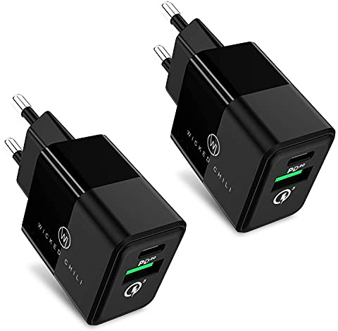 Wicked Chili 2er Set 20W Dual USB-Netzteil mit USB-A und USB-C Anschluss, Fast Charge Adapter Bundle, Universal kompatibel mit iPhone 16, 15, 14, 13, 12, 11 (Pro, Max, Plus, Mini), Samsung und MagSafe