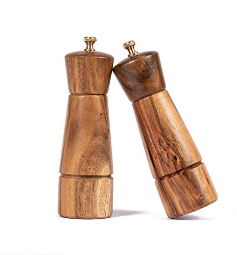 DeroTeno Salt and Pepper Mill Set, Adjustable Ceramic Grinder Salt Mill, Stainless Steel Grinder Pepper Mill, Acacia Wood, 16.5 cm Height, Bottom Dia 5 cm (Tray is NOT Included)