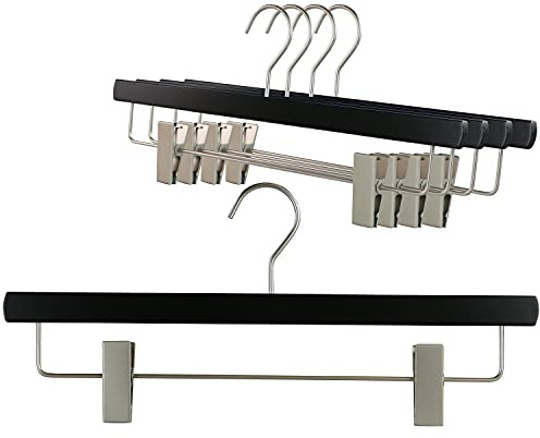 MAWA by Reston Lloyd, European Wooden Hanger, Beech Wood Hanger with Adjustable Pant Clips, Rotating Chrome Hook, Black Finish, for Pants, Shorts, & Skirt Clothes Hanger (26415), Set of 5