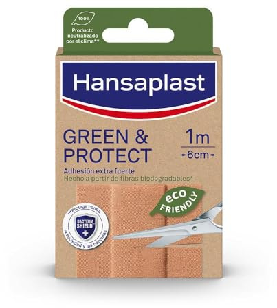 Hansaplast Cerotti GREEN & PROTECT, Cerotti impermeabili e sostenibili, Realizzati con resistenti fibre di origine naturale*, 1 Confezione in striscia da 1m x 6cm