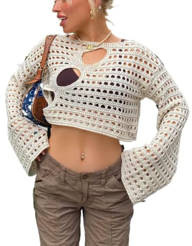 ZZLBUF Women's Hollow Out Crochet Knit Sweater Crop Tops Long Sleeve Sweater Cropped Jumper Cover Up Pullover Tops Y2K Streetwear (01-Beige,M)