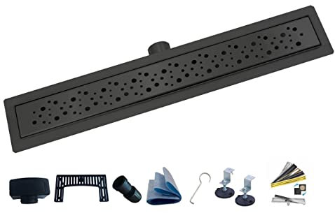 AQUA HEATING Bulles Caniveau de Douche Italienne avec Siphon Ultra-Plate en Acier Inoxydable Grille Sol de Douche Linéaire Hauteur d'installation de 52 m Ensemble Complet Noir 80 cm