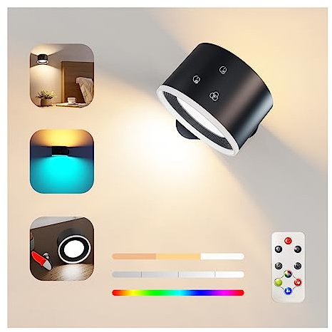 Applique Murale Interieur avec télécommande, éclairage d'ambiance RGB à gradation avec batterie rechargeable, fonction minuterie d'une heure vers le haut et vers le bas orientable à 360°