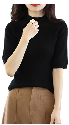 Höstdamer kashmirtröja enfärgad kortärmad pullover stickad tröja varm tröja, Svart, L