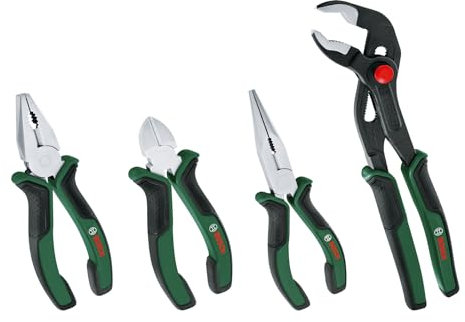 Bosch Zangen-Set, 4-teilig (hochwertige, präzise, langlebige Zangen: 160mm Seitenschneider, 180mm Kombinationszange, 180mm Spitzzange, 250mm Wasserpumpenzange; ergonomischer Softgrip)