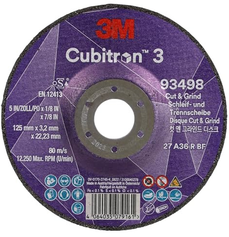 3M Cubitron 3 Disco de Corte y Desbaste, 93498, 36+, T27, 125 mm x 3.2 mm x 22.23 mm, EN, Paquete de 10 Unidades