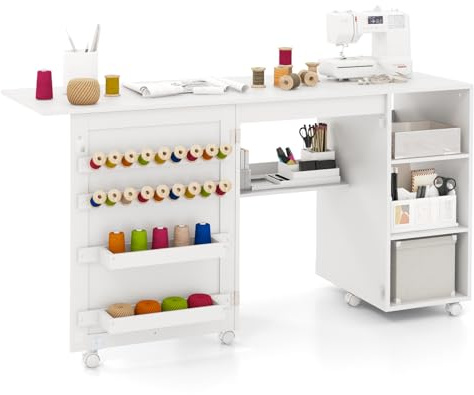 COSTWAY Folding Sewing Table, Rolling Craft Table Hobby Desk with Storage Shelves, Yarn Bins, 18 Pegs and 6 Lockable Wheels, Drop Leaf Sewing Machine Table Cabinet Computer Desk Workstation (White)