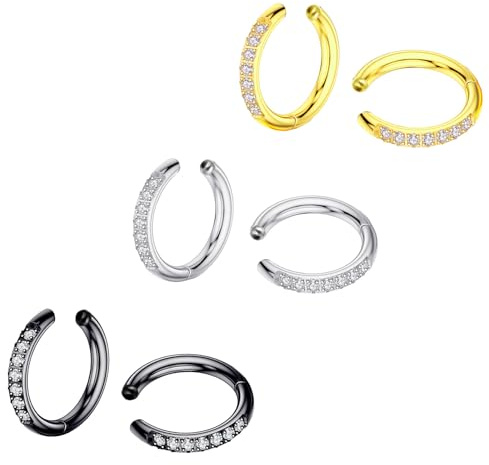 Hinvan Confezione da 3 Paia Acciaio inossidabile Orecchini Clip per Donna Bambina Uomo, Orecchini Finti Uomo Senza Buco con Diamante Brillante Argento Nero Oro