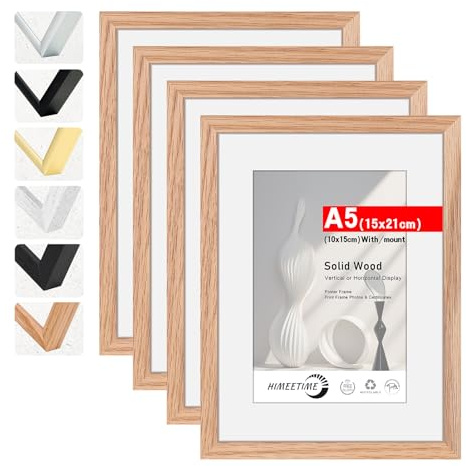 HIMEETIME® 4x Marco de fotos A5 15x21 cm Roble de Madera marcos cuadro,Aplicable para fotos de 9 x 14 cm con paspartú o 14.8 x 21cm sin paspartú,Para Decoración Hogar marco A5
