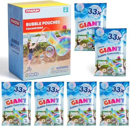 SYNCFUN 6 Packungen Riesenseifenblase konzentrierte Lösung (bis zu 4,5 Gallonen), 6 Beutel Lösung Nachfüllpackung für Seifenblasenmaschine, Stäbe, Gebläse, Ostern, Aktivität im Freien