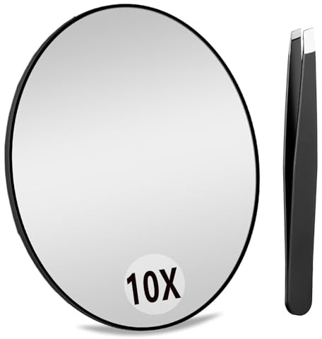 Menmamenma 10x Magnifying Mirror with Suction Cups and Tweezers Set, Cosmetic Mirror Travel Compact Mirror Set for Precise Makeup and Eyebrow Plucking 3.5 Inches (10X)