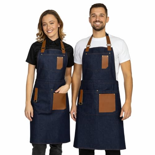 PALLTEX GERARD Köksförkläde män & kvinnor grillförkläde – köksförkläde med fickor och eko-läder – justerbart förkläde för barista, kock, gastronomi och grill, Denim, S/M