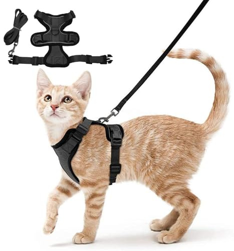 XFSRG Pettorina Gatto Antifuga, Guinzaglio Gatti Regolabile, Traspirante Comodo Imbottita Cani e Gatti di Taglia Piccola Media e Grande per Passeggiate Corsa Addestrare(Nero/S)