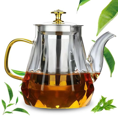 Théière GOEDCH avec infuseur : 1000 ml Théière en verre borosilicate avec tamis en acier inoxydable, théière en verre résistant à la chaleur avec anti-goutte pour thé en vrac, tisane et cadeaux